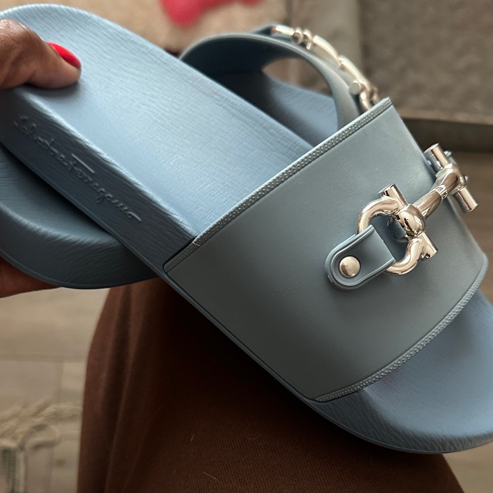 Salvatore Ferragamo Light Blue Slide Sandals